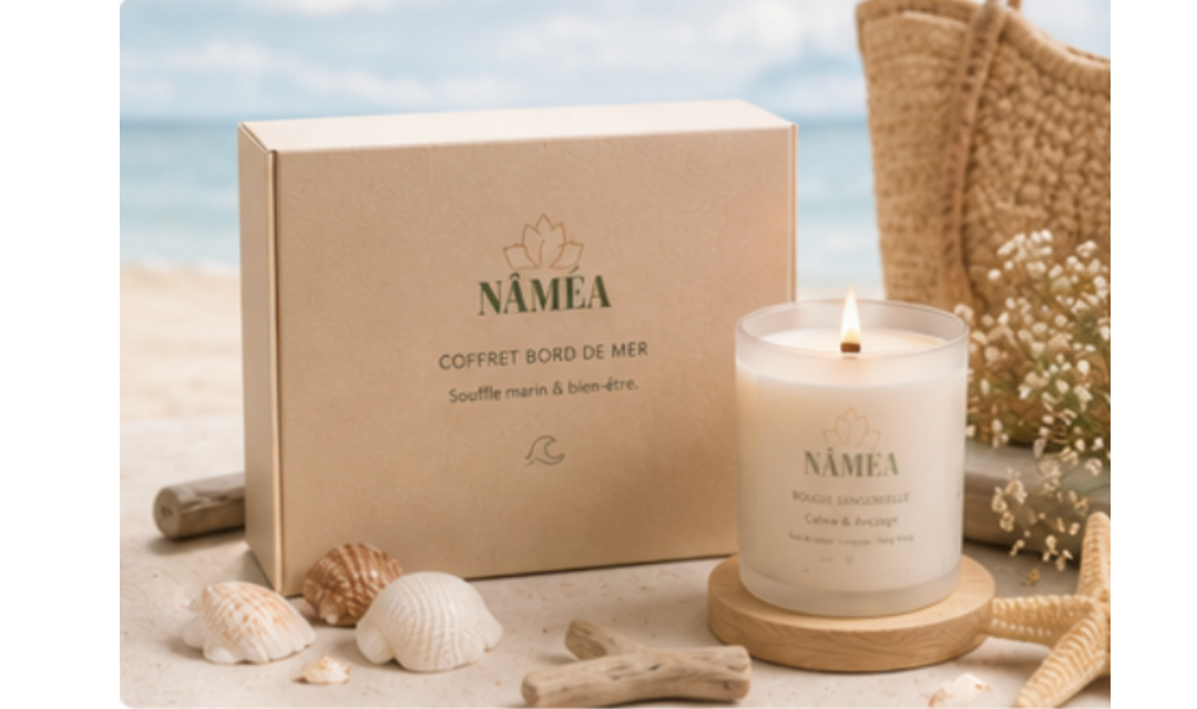 Coffret bord de mer Nâméa avec sa bougie sensorielle, entourés de coquillages, de bois et de sable dans une ambiance de bord de mer